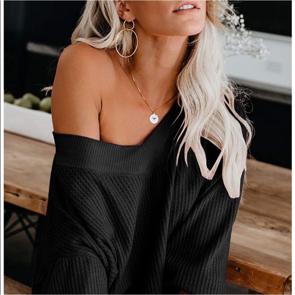 Vici Black Off-the-Shoulder Waffle Knit Sweater